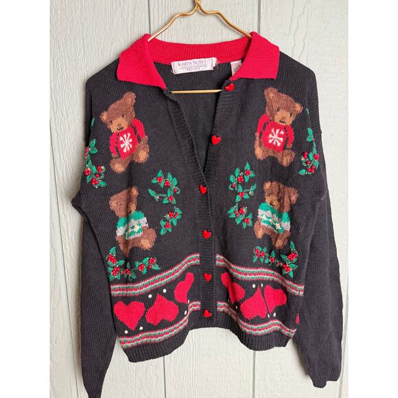Vintage 90s Teddy Bear Christmas Cardigan Sweater PS Black Red Heart Embroidered - Picture 1 of 7